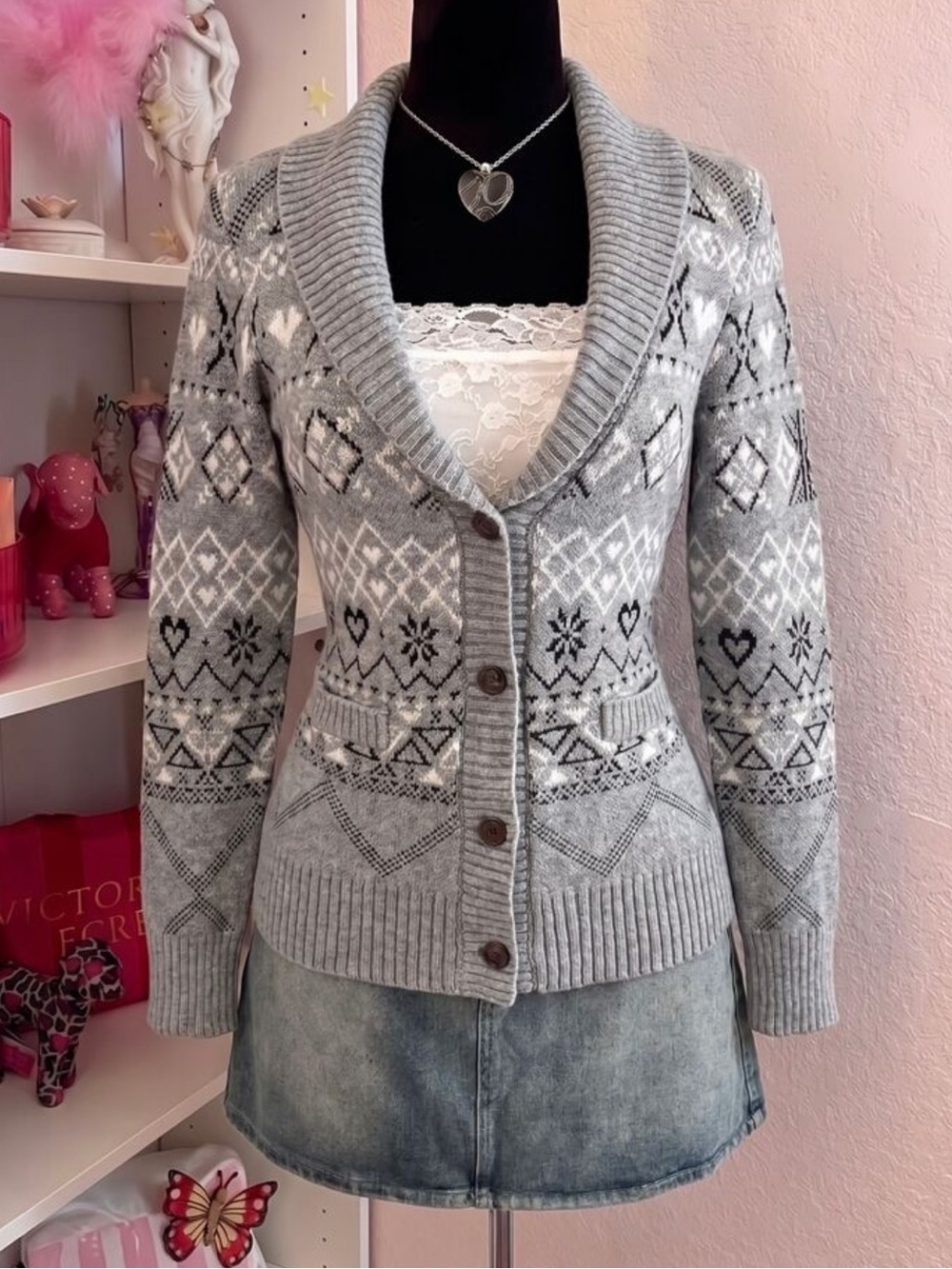 Cozy Gray Fair Isle Shawl-Collar Cardigan Sweater